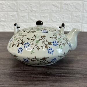 Pier 1 Tomoko Teapot w/ Removable Lid Metal Handle Hand-Painted Porcelain White